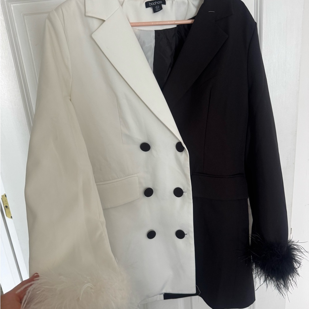 Boohoo Black and White Feather Cuff Blazer Dress